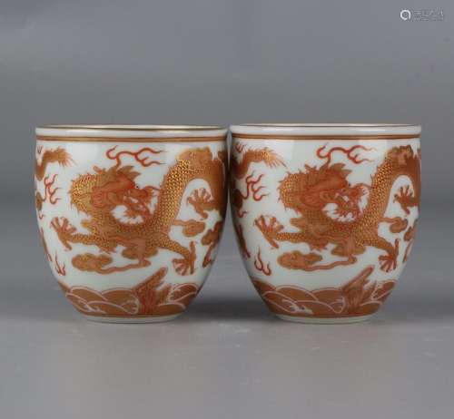 Alum red painted gold dragon pattern cylinder cup