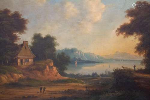 Künstler des 19. Jh., 'Landschaft mit Bauernhütte und See' /...