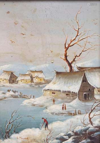 Künstler des 20. Jh., 'Winterlandschaft mit Hütten' / 'Winte...