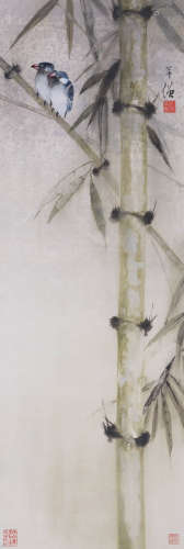 黄幻吾（1906-1985）翠竹小鸟  设色纸本 立轴