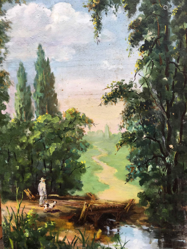 Oil painting grandpa with a dog go along the path