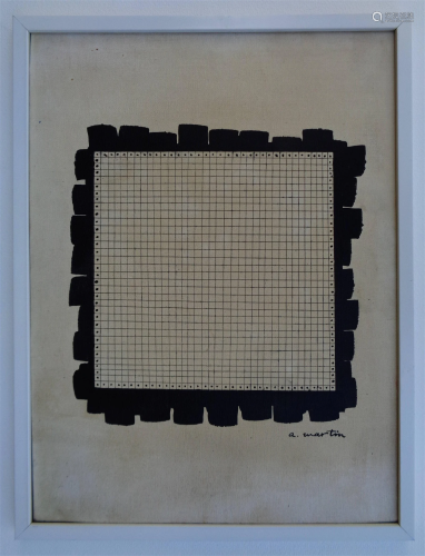 AGNES MARTIN 1912-2004 INK DRAWING ON CANVAS MOUNTED ON CARD...