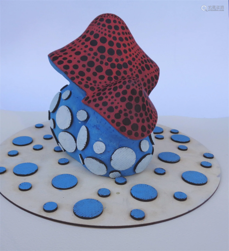 YAYOI KUSAMA CERAMIC STATUE OF MUSHROOM SIGNED AND DATED