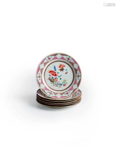 SIX FAMILLE ROSE 'PEONY' PLATES Early Qianlong period, circa...