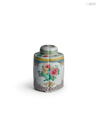 A FAMILLE ROSE HEXAFOIL CYLINDRICAL TEA CADDY AND COVER Yong...