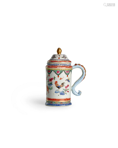 A RARE FAMILLE ROSE 'ELEPHANT-TRUNK-HANDLE' TANKARD AND COVE...