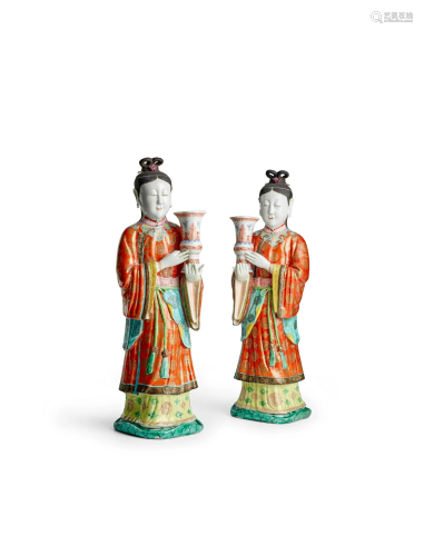 A PAIR OF FAMILLE ROSE 'STANDING LADY' CANDLE HOLDERS Qianlo...