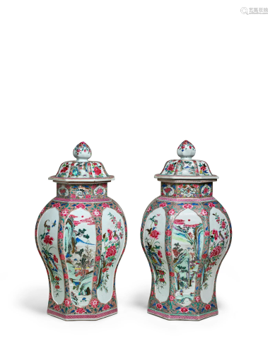 A PAIR OF EXTREMELY FINE FAMILLE ROSE OCTAGONAL BALUSTER JAR...