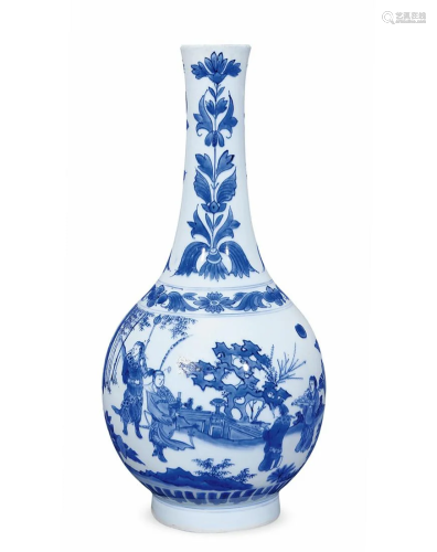 CHINESE PORCELAIN BLUE AND WHITE FIGURES AND STORY LONG NECK...