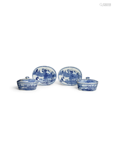 A PAIR OF BLUE AND WHITE OVAL BUTTER TUBS, COVERS AND STANDS...