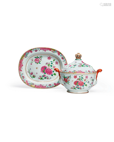 AN ATTRACTIVE FAMILLE ROSE 'MEISSEN STYLE' OVAL TUREEN, COVE...