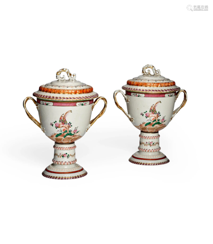 A PAIR OF LARGE STEMMED FAMILLE ROSE 'LOVING' CUPS AND COVER...