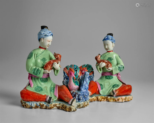 A RARE PAIR OF SEATED LADIES WITH SPANIELS AND PHOENIXES Qia...