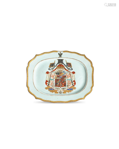 A FINE FAMILLE ROSE ARMORIAL LOBED OBLONG OCTAGONAL DISH FRO...