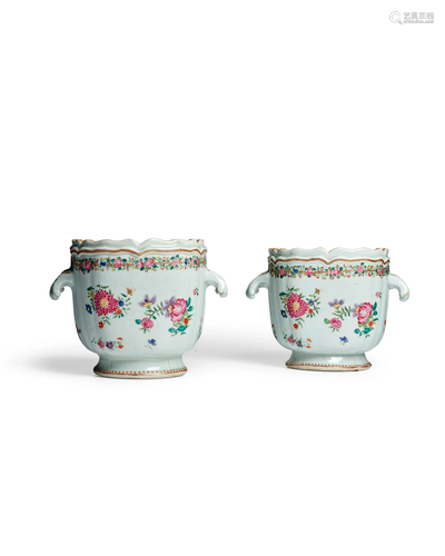 A PAIR OF FAMILLE ROSE SILVER-SHAPED WINE COOLERS Qianlong p...