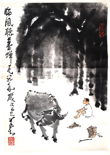 CHINESE SCROLL PAINTING OF BOY AND OX IN WOOD SIGNED BY LI K...