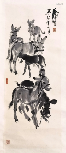 CHINESE SCROLL PAINTING OF DONKEY SIGNED BY HUANGZHOU