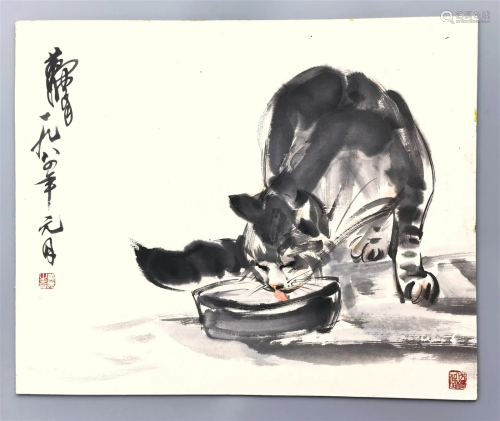 CHINESE SCROLL PAINTING OF CAT SIGNED BY HUANGZHOU