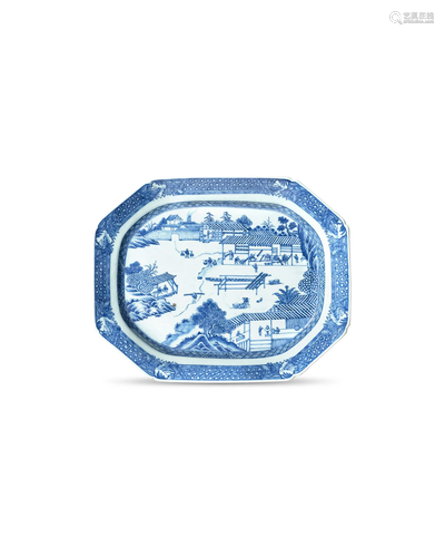 A RARE BLUE AND WHITE OBLONG OCTAGONAL DISH DEPICTING 'PORCE...