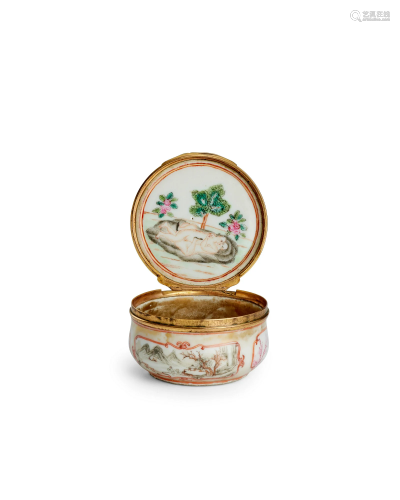 A GILT-METAL-MOUNTED FAMILLE ROSE CIRCULAR BOMBE SNUFF BOX A...