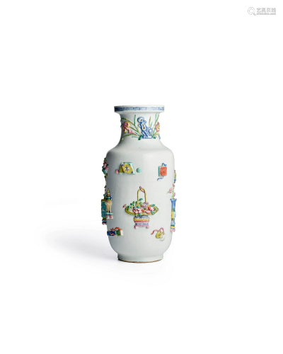 A FAMILLE ROSE HIGH-RELIEF MOLDED ROULEAU VASE  Yongzheng pe...