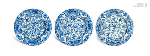 THREE MASSIVE BLUE AND WHITE 'PEACOCK' CHARGERS Kangxi perio...