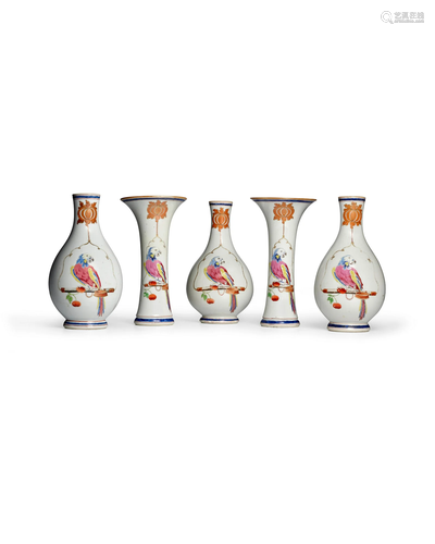 A GARNITURE OF FIVE FAMILLE ROSE 'PARROT-ON-A-SWING' VASES  ...