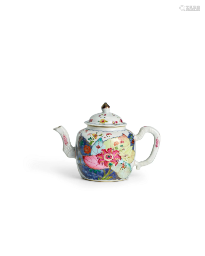 A FAMILLE ROSE 'TOBACCO-LEAF' BARREL-SHAPED TEAPOT AND COVER...