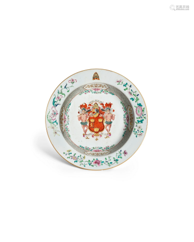 A LARGE FAMILLE ROSE ARMORIAL CIRCULAR BASIN FOR THE SCOTTIS...