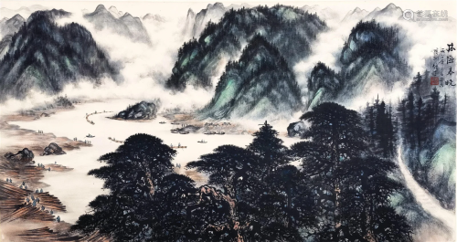 LARGE CHINESE SCROLL PAINTING OF MOUNTAIN VIEWS SIGNED BY LI...