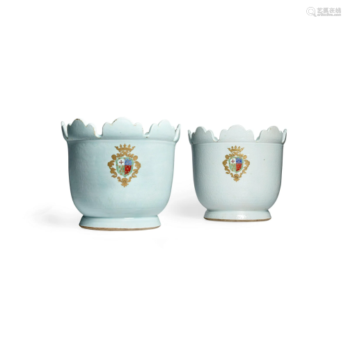 A VERY RARE PAIR OF LARGE ENAMELED AND ANHUA ARMORIAL CIRCUL...