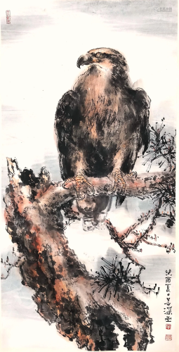 CHINESE SCROLL PAINTING OF EAGLE ON TREE SIGNED BY YANG SHAN...