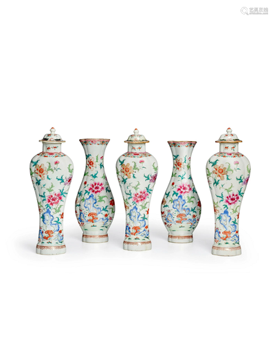 A FINE LARGE FAMILLE ROSE FIVE-PIECE GARNITURE  Qianlong per...