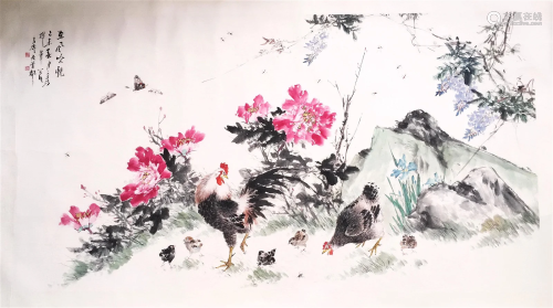CHINESE SCROLL PAINTING OF ROOSTER WITH FLOWER SIGNED BY WAN...