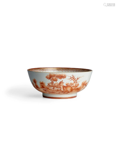 A RARE AND FINELY PAINTED SEPIA 'FOX AND FOWL' BOWL  Qianlon...