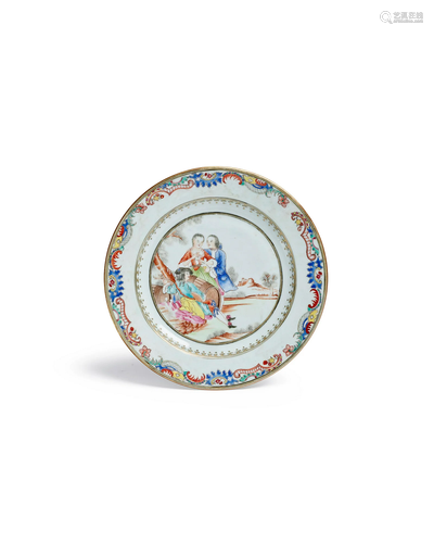 A FAMILLE ROSE 'AUTUMN' PLATE WITH TROUBADORS   Qianlong per...