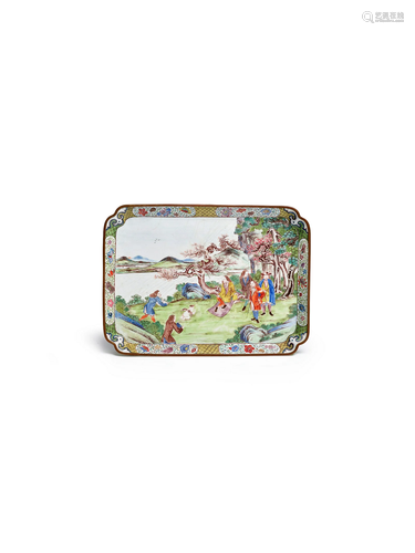 A GUANGZHOU (CANTON) ENAMEL EUROPEAN-SUBJECT RECTANGULAR TRA...