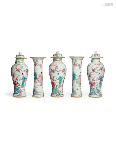 A LARGE FAMILLE ROSE 'ELEGANT LADIES' FIVE-PIECE GARNITURE  ...