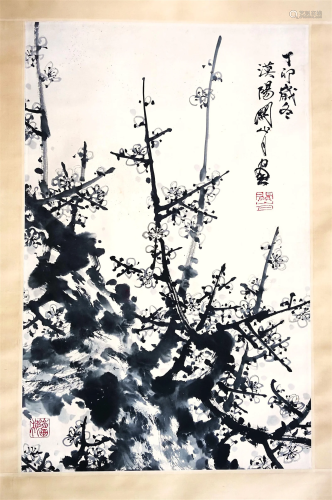 CHINESE SCROLL PAINTING OF PLUM BLOSSOMMINGS SIGNED BY GUAN ...