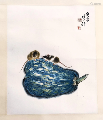 CHINESE SCROLL PAINTING OF PUMPKIN AND MOUSE SIGNED BY FANG ...