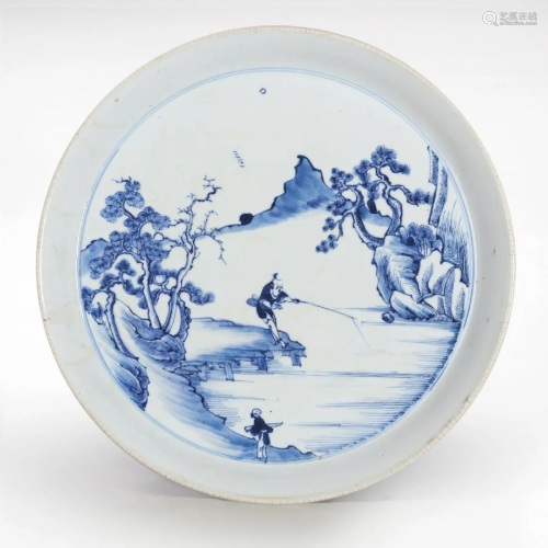 CHINESE PORCELAIN BLUE AND WHITE MOUNTAIN VIEWS PLATE