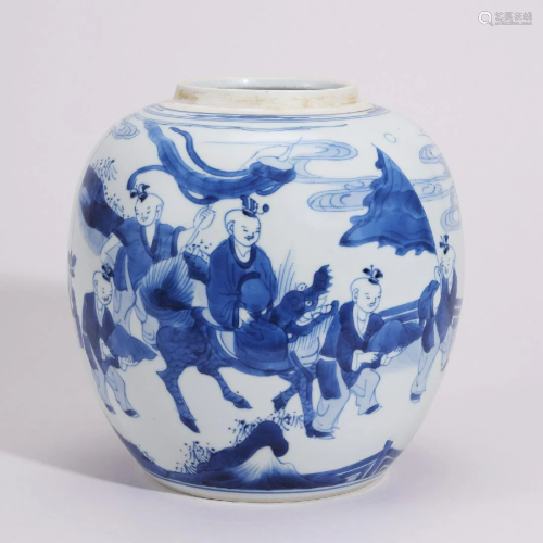 CHINESE PORCELAIN BLUE AND WHITE BOY PLAYING WATER JAR