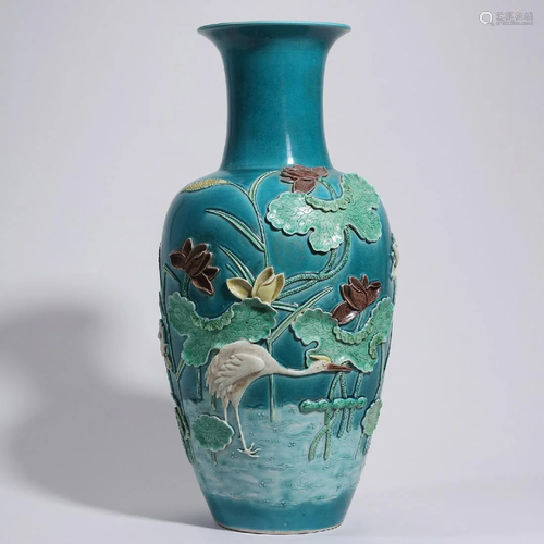 CHINESE PORCELAIN BLUE GLAZE CRANE AND LOTUS VASE