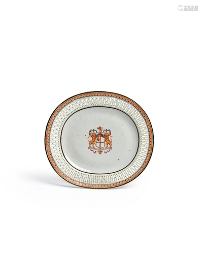 A RARE FAMILLE ROSE ARMORIAL RETICULATED SMALL OVAL DISH FRO...