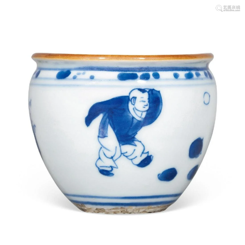 CHINESE PORCELAIN BLUE AND WHITE BOY PLAYING JAR