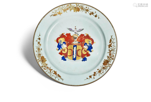 A LARGE ENAMELED AND GILT ARMORIAL CHARGER FOR THE AMSTERDAM...