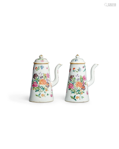 A PAIR OF MINIATURE FAMILLE ROSE 'LIGHTHOUSE' CONICAL CHOCOL...