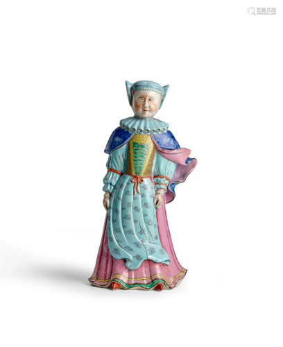AN IMPORTANT AND LARGE FAMILLE ROSE STANDING FIGURE OF A EUR...