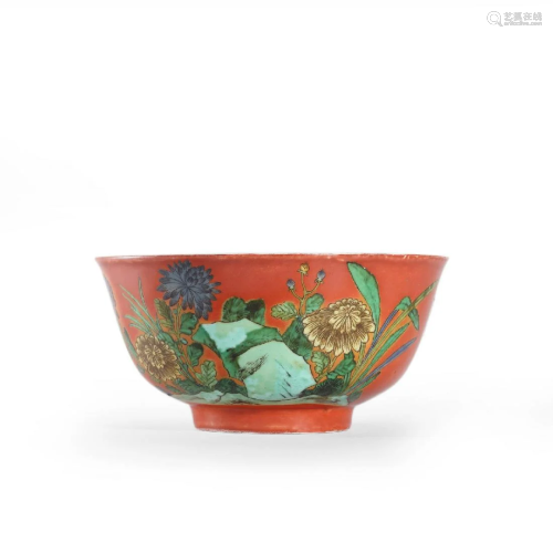 CHINESE PORCELAIN RED GLAZE FAMILLE ROSE FLOWER AND ROCK BOW...