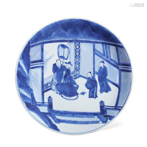 CHINESE PORCELAIN BLUE AND WHITE FIGURES AND STORY PLATE